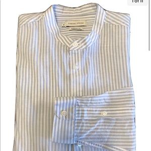 Casual Friday Men’s Mandarin stand  Button Down Shirt Blue White Stripe M